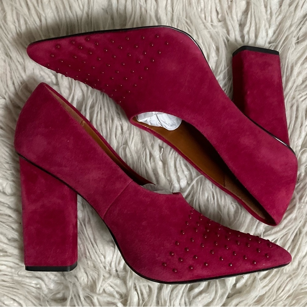 H By Halston Moyen Raspberry Red Suede Studded Block Heel Pointed Toe Pumps 8.5